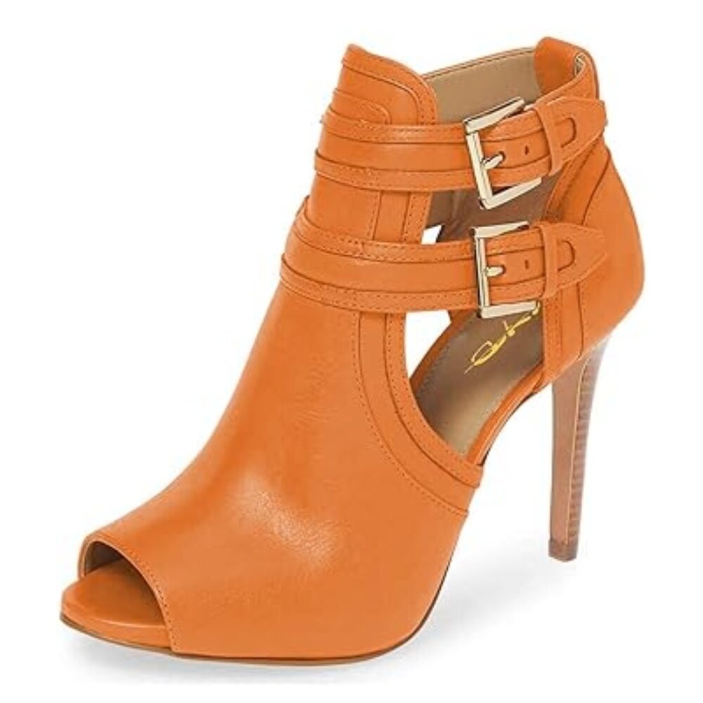 XYD Orange Peep Toe Ankle Bootie High Heels Buckled Double Straps Cutout Shoes